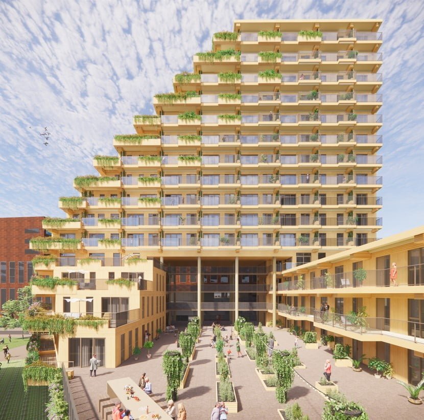 Render van SAWA, 50 meter hoog woongebouw in Rotterdam